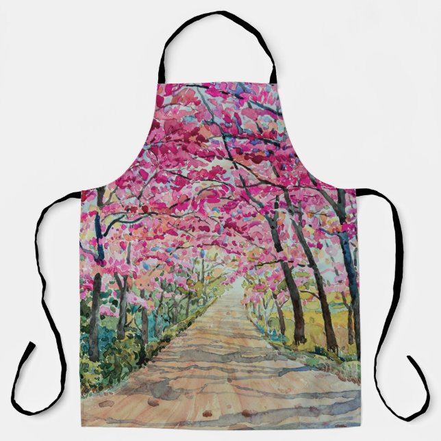 Himalayan Cherry Roadside Watercolor Landscape Apron (Front)