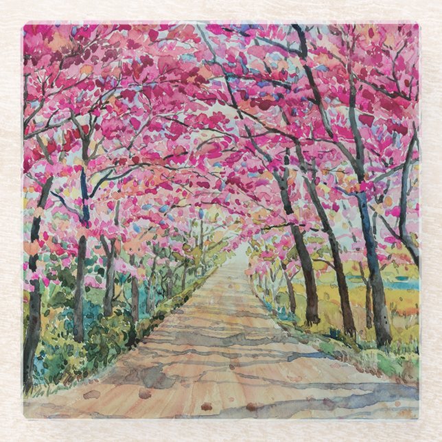 Himalayan Cherry Roadside Watercolor Landscape Glass Coaster (Front)
