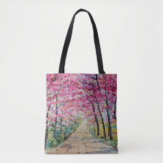 Himalayan Cherry Roadside Watercolor Landscape Tote Bag