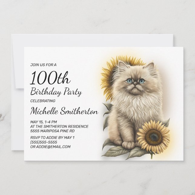 Himalayan Kitten Cat Sunflowers 100th Birthday Invitation (Front)