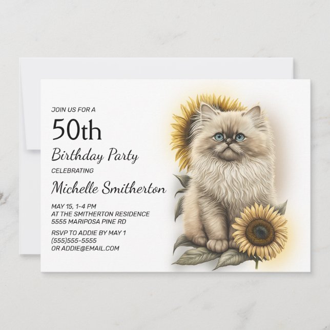 Himalayan Kitten Cat Sunflowers 50th Birthday Invitation (Front)