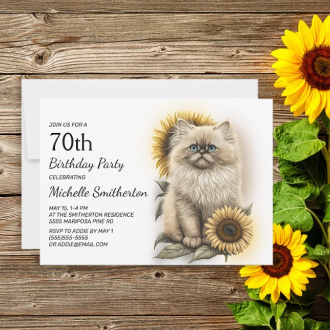 Himalayan Kitten Cat Sunflowers 70th Birthday Invitation (Creator Uploaded)