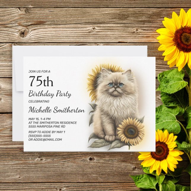 Himalayan Kitten Cat Sunflowers 75th Birthday Invitation (Creator Uploaded)