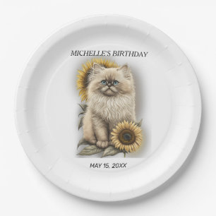 Himalayan Kitten Cat Sunflowers Birthday Name Paper Plate
