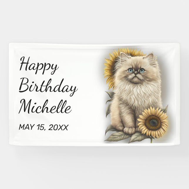Himalayan Kitten Cat Sunflowers Happy Birthday Banner (Horizontal)