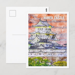 Himeji Castle Japan Famous Travel Place Watercolor Postcard