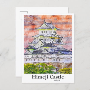 Himeji Castle Japan Travel Watercolor Hand Drawn Postcard