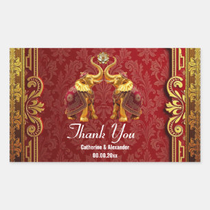 Hindi elephants lotus flower gold red wedding  rectangular sticker
