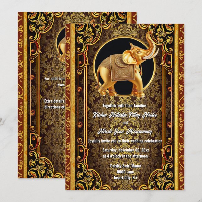 Hindi Hindu black gold red indian elephant elegant Invitation (Front/Back)