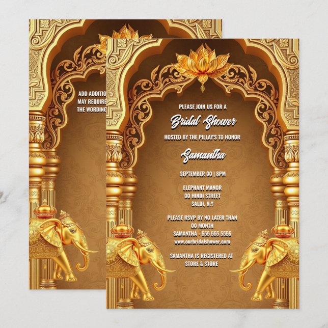 Hindi Hindu gold elephants lotus flower asian Invitation (Front/Back)