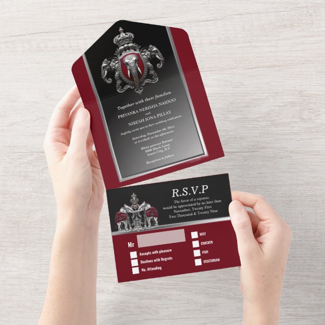 Hindi Hindu indian elephants damask burgundy black All In One Invitation (Tearaway)