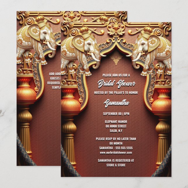 Hindi Hindu indian elephants royal bridal shower Invitation (Front/Back)