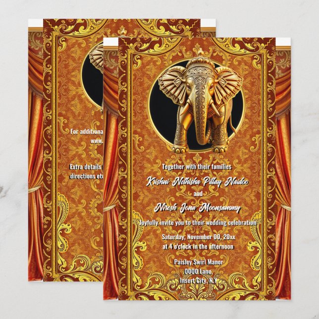 Hindi Hindu orange gold indian elephant luxurious Invitation (Front/Back)