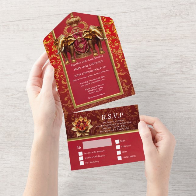 Hindi Hindu royal floral indian elephants red gold All In One Invitation (Tearaway)