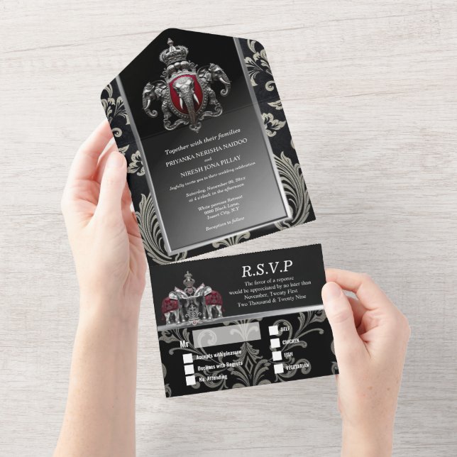 Hindi Hindu royal indian crest damask black silver All In One Invitation (Tearaway)
