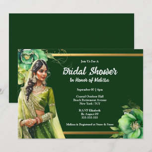 Hindi Indian bride dark green gold bridal shower Invitation