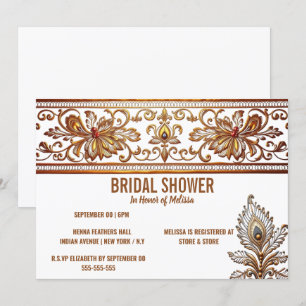 Hindi Indian bride gold peacock feather henna chic Invitation