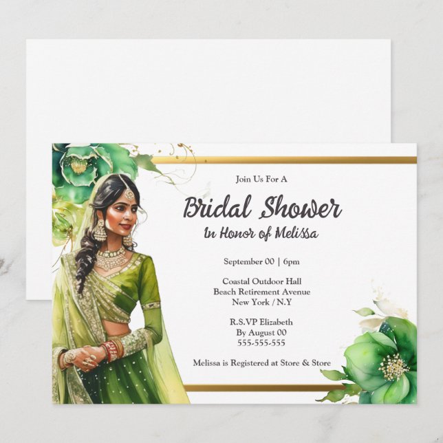 Hindi Indian bride green gold bridal shower Invitation (Front/Back)