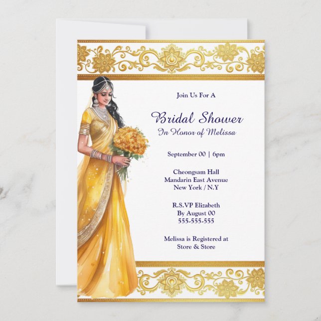 Hindi Mehndi Indian bride yellow gold bridal  Invitation (Front)