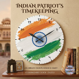 Hindi Sanskrit Numerals with Indian Tricolour Flag Large Clock