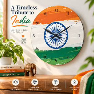 Hindi Sanskrit Numerals with Indian Tricolour Flag Large Clock
