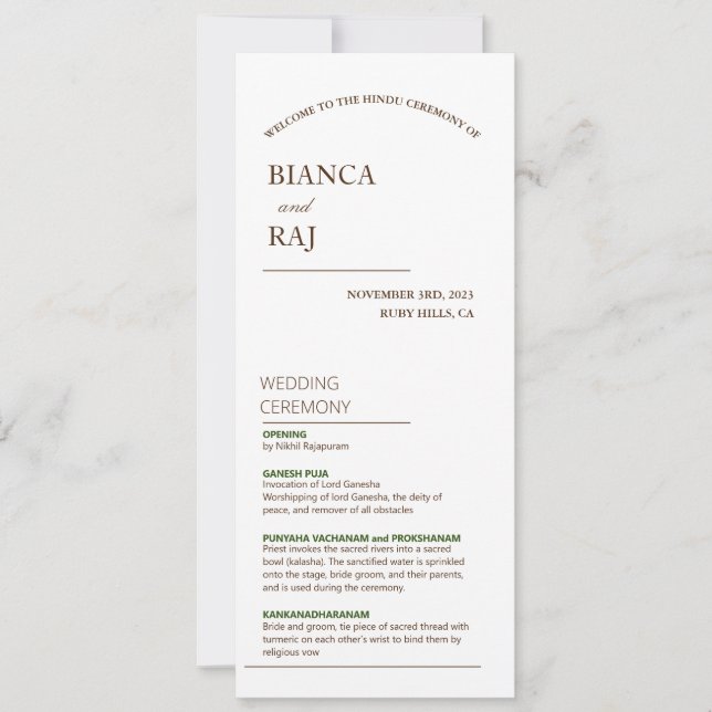 HINDU CEREMONY WEDDING PROGRAM (Front)