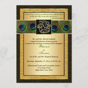 Hindu Ganesh Black, Gold Peacock Wedding Invite