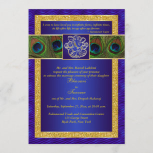 Hindu Ganesh Blue, Gold Peacock Wedding Invite