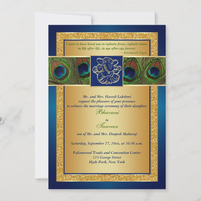 Hindu Ganesh Blue, Gold Peacock Wedding Invite (Front)