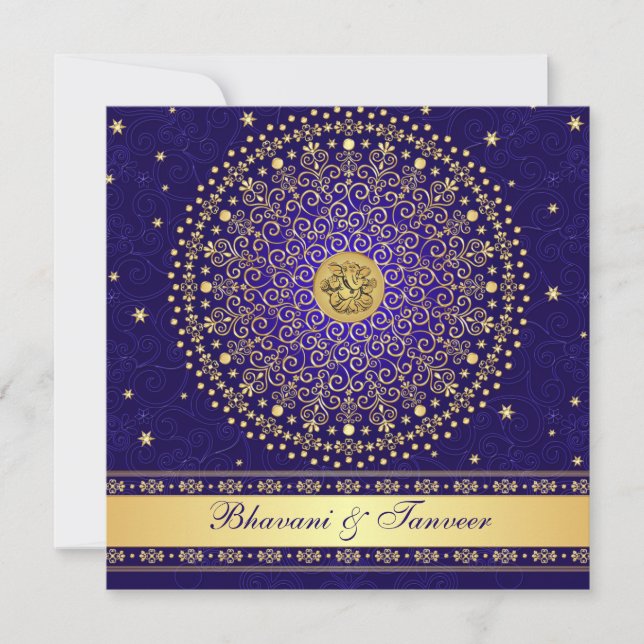Hindu Ganesh Blue Gold Scrolls Wedding Invite (Front)