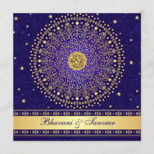 Hindu Ganesh Blue Gold Scrolls Wedding Invite