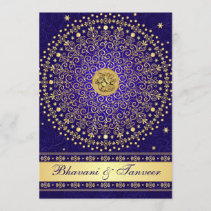 Hindu Ganesh Blue Gold Scrolls Wedding Invite 2