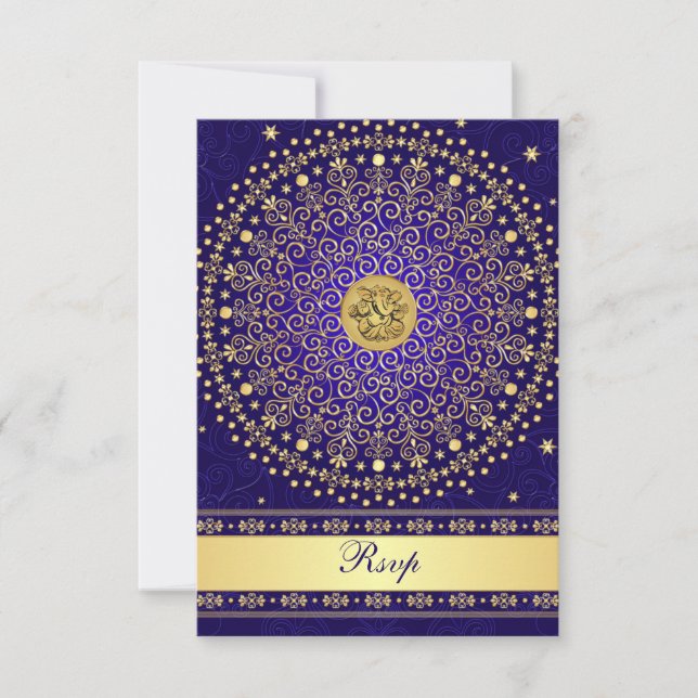 Hindu Ganesh Blue Gold Scrolls Wedding RSVP Card (Front)