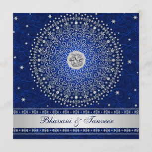 Hindu Ganesh Blue Silver Scrolls Wedding Invite