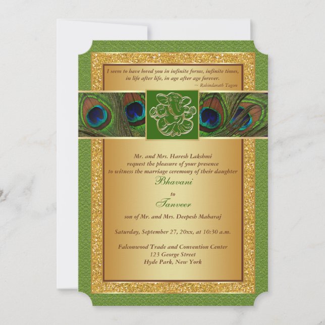Hindu Ganesh Green, Gold Peacock Wedding Invite (Front)