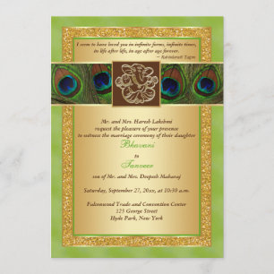 Hindu Ganesh Green, Gold Peacock Wedding Invite 2