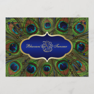 Hindu Ganesh Peacock Feathers Wedding Invite Blue