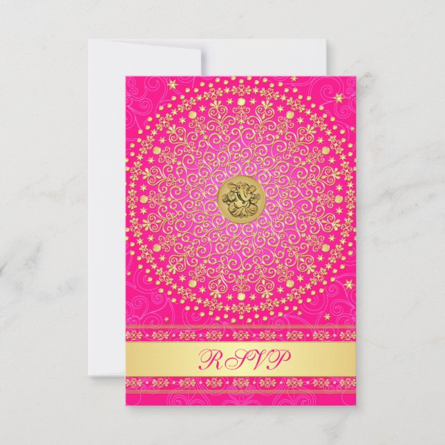 Hindu Ganesh Pink, Gold Scrolls Wedding RSVP Card (Front)