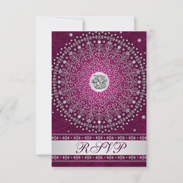 Hindu Ganesh Plum, Silver Scrolls Wedding RSVP Invitation (Front)