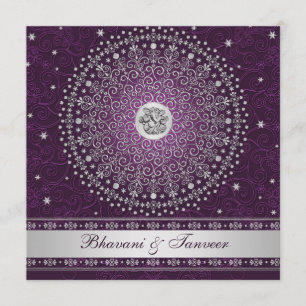 Hindu Ganesh Purple, Silver Scrolls Wedding Invite