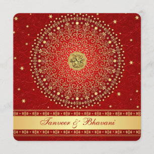 Hindu Ganesh Red, Gold Scrolls Engagement Invite