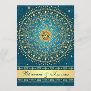 Hindu Ganesh Teal Gold Scrolls Wedding Invite 2