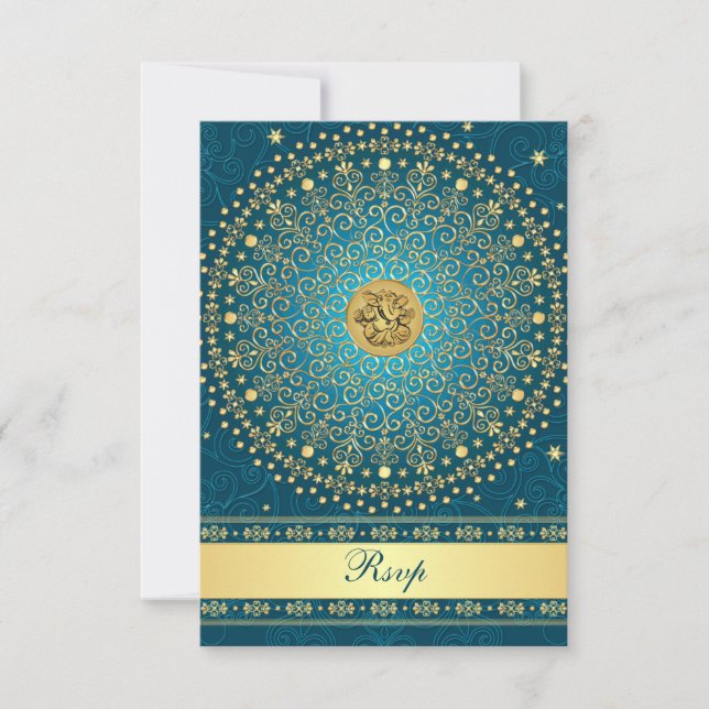 Hindu Ganesh Teal Gold Scrolls Wedding RSVP Card (Front)