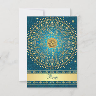 Hindu Ganesh Teal Gold Scrolls Wedding RSVP Card