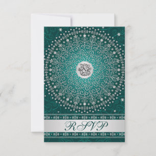 Hindu Ganesh Teal, Silver Scrolls Wedding RSVP Invitation