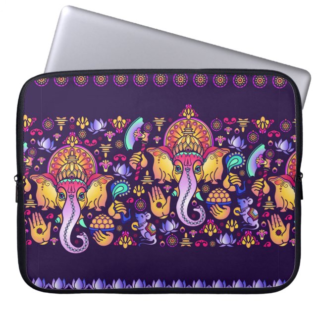 Hindu God Ganesha and Indian symbols in strip shap Laptop Sleeve (Front)
