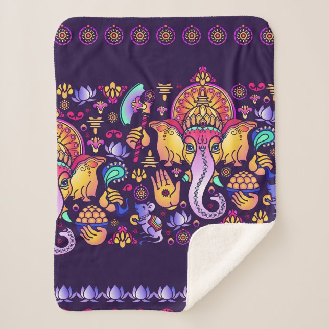 Hindu God Ganesha and Indian symbols in strip shap Sherpa Blanket (Front)