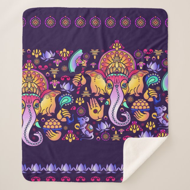 Hindu God Ganesha and Indian symbols in strip shap Sherpa Blanket (Front)