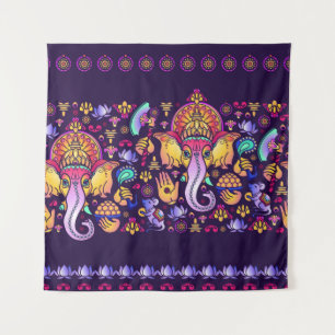 Hindu God Ganesha and Indian symbols in strip shap Tapestry