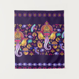 Hindu God Ganesha and Indian symbols in strip shap Tapestry